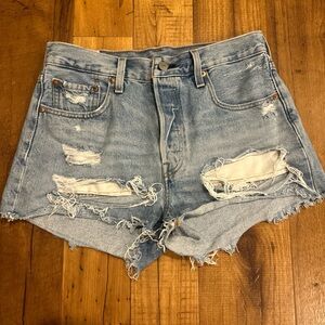 Levi's Blue Distressed Jean Shorts High-Waisted Frayed Hem
